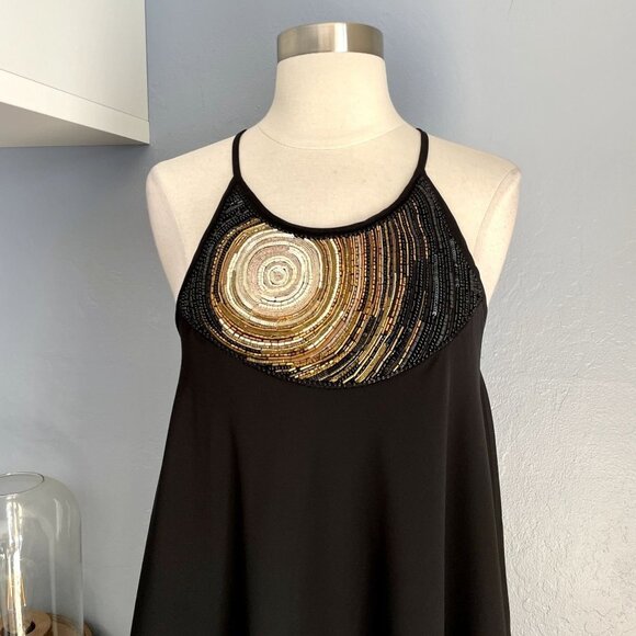 Label Ritu Kumar Black Gold Beaded Swing Mini Dress Flowy Trapeze - Picture 5 of 7